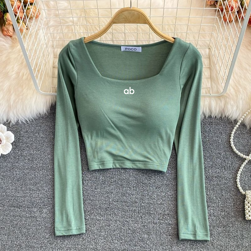 Korean Lifestyle - レディース韓国ファッションスクエアネック長袖Tシャツ、内蔵ブラ付きスリムフィットクロップドカジュアル秋ベーシックレイヤリングトップ